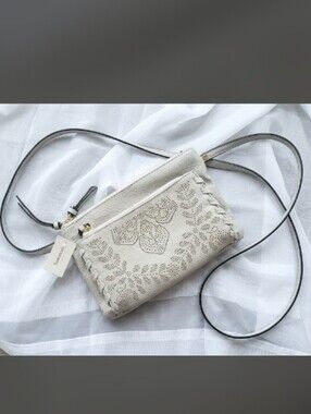 NWT Francesca's Light Grey Taupe Floral Laser-Cut Boho Crossbody Bag 4 Pockets